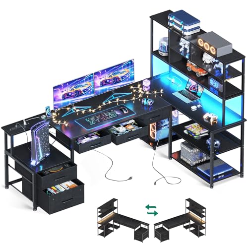 79 inch L Shaped Desk with 5 Drawers, LED Light & 2 Power Outlets, view 2