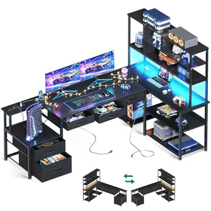 79 inch L Shaped Desk with 5 Drawers, LED Light & 2 Power Outlets, view 2
