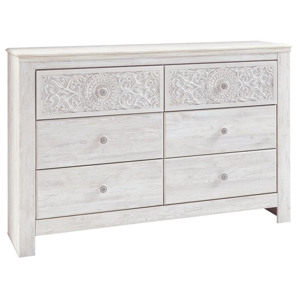 Signature Design by Ashley Paxberry Boho 6 Drawer Dresser, Smooth-gliding Faux Laminate Lined Drawers, Wood, 61.26" W x 15.83" D x 40" H, Whitewash