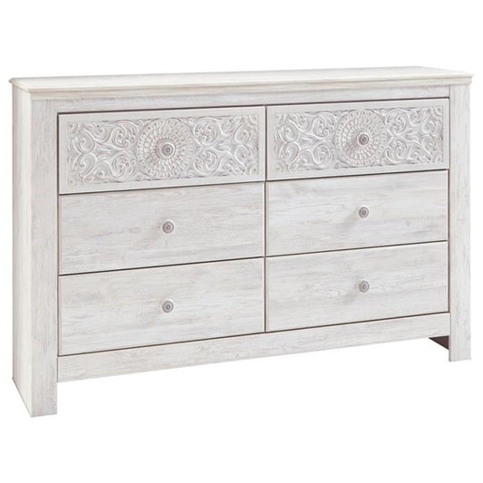 Signature Design by Ashley Paxberry Boho 6 Drawer Dresser, Smooth-gliding Faux Laminate Lined Drawers, Wood, 61.26" W x 15.83" D x 40" H, Whitewash