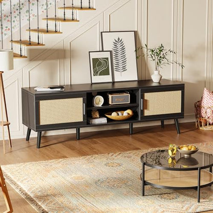 TV Stand for 65 Inch TV, Entertainment Center with Adjustable Shelf, Rattan TV Console with 2 Cabinets, Media Console, Solid Wood Feet, 4 Cord Holes, for Living Room, Black