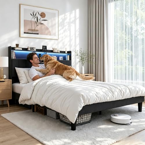 Upholstered Queen Size Bed Frame with Headboard, LED & USB Ports, view 4