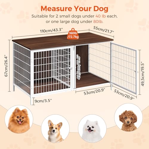 Dog Crate Furniture for 2 Dogs, 43.3" Dog Kennel with Removable Divider, view 4