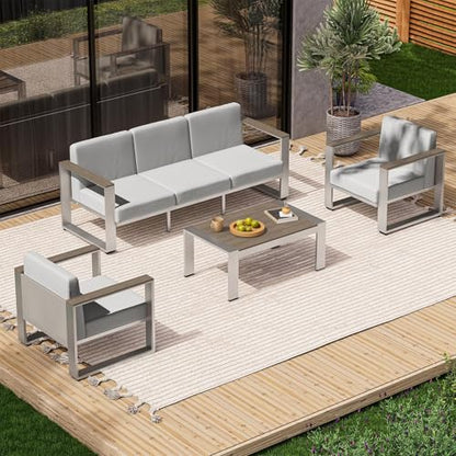Outdoor Patio Furniture Set, 5 Seats Aluminum Patio Conversation Sets with Ergonomic Seat and Wide Washable Thick Cushions, Modern Outdoor Sectional Furniture for Balcony, Porch