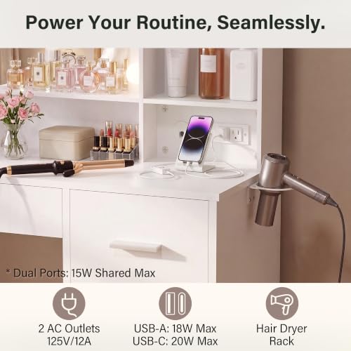 39 Inch Vanity Desk with Mirror and LED Lights, Modern White, view 6