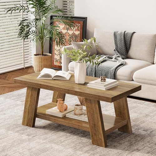 47.24" Coffee Table for Living Room, Farmhouse Wooden Coffee Table with Storage, Rectangle Rustic Accent Center Table with for Home Apartment Office, Retro Brown