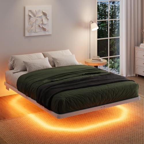 Full Size Floating Bed Frame with Smart LED Lights, White, view 2