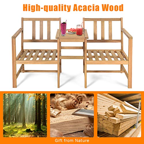 3 in 1 Acacia Wood Loveseat with Separable Coffee Table, 3-Piece Wooden Chairs Set with Cushions, 2-Seater Outdoor Furniture Set for Garden Backyard Balcony Patio Poolside (Natural Teak)