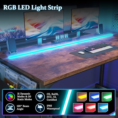 55" Office Desks with LED Lights,Gaming Writing Work from Home Study Desk with Storage Bag,Home Office Desk with Headphone Hook Sturdy Metal Frame, Rustic Brown