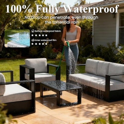 Oversized Aluminum Outdoor Furniture Set, 4 Piece Patio Sofa Sets with Fire Pit Table, Deep Seating and Upgraded 6-inch Cushions for Porch, Balcony, Deck
