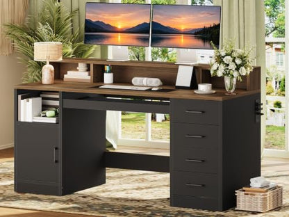 55" Office Desk with Drawers, Farmhouse Executive Desk with Drawers, view 4