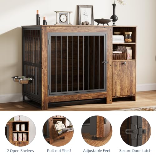 45.3" Dog Crate Furniture with Removable Tray and Rotating Bowls, view 7