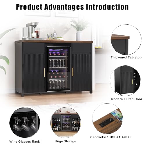 53.2" Coffee Bar Cabinet with Fridge Space,Fluted Sideboard,Black, view 7