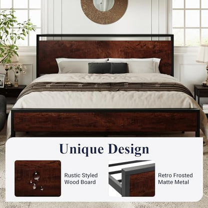King Size Bed Frame, Heavy Duty 12 Metal Slats Support, Mahogany, view 5