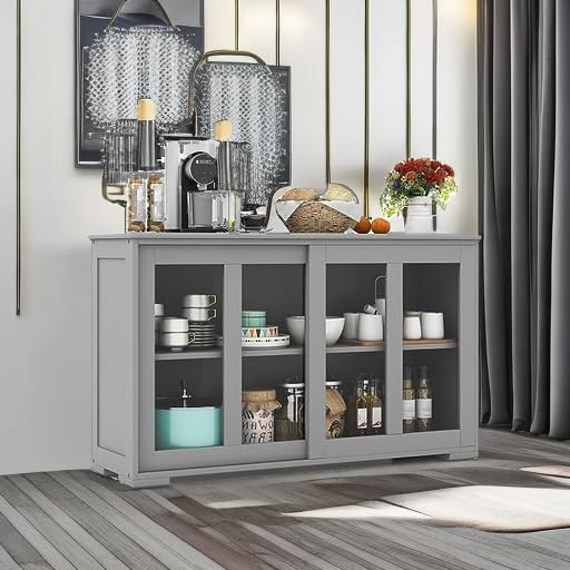 Buffet Sideboard with Storage, 2-Door Floor Cupboard | Sliding Tempered Glass Cabinet & Adjustable Shelf, Stackable Storage Cabinet for Kitchen, Entryway (Gray)