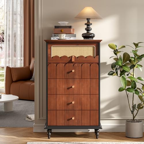 Vintage Wooden Storage Unit with Solid Wood Drawer Fronts and Rattan Accent, view 4