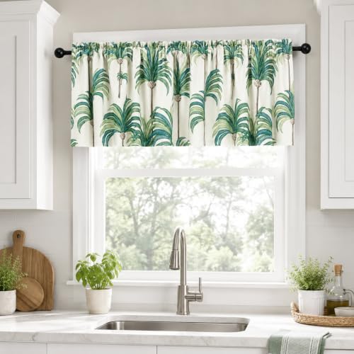 Kitchen Valances for Windows, Hood Leaves Print Linen Valance for Living Room Rod Pocket Curtain Panels 52 Inch Wide by 18 Inch Long, One Panel, Green