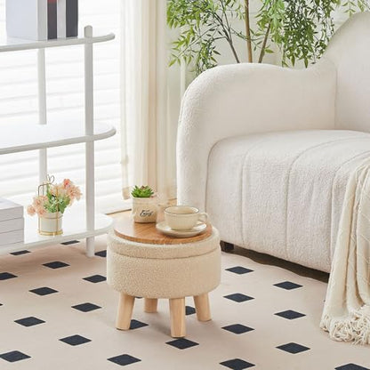 Storage Ottoman, Modern Round Footrest with Soft Padded Seat, Teddy Velvet Footstool with Wood Legs, Accent Small Table or Plant Stand for Hallway, Living Room (Off-White)