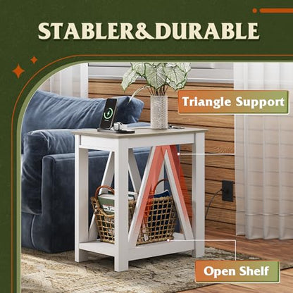 Farmhouse End Table, Narrow Side Table with Charging Station, Slim End Table, Side Table for Bedroom, Living Room, Small Spaces, 2 USB and 2 Power Outlets, 11.8" D x 23.6" W x 23.74" H