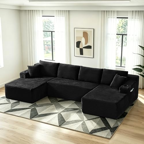 125" Sectional Boneless Couch for Living Room, Modular Cloud Couch Sectional with Storage Pockets & Cup Holders, Modern Corduroy Modular Sofa, Black U-Shaped Compressed Sofa Couch in a Box
