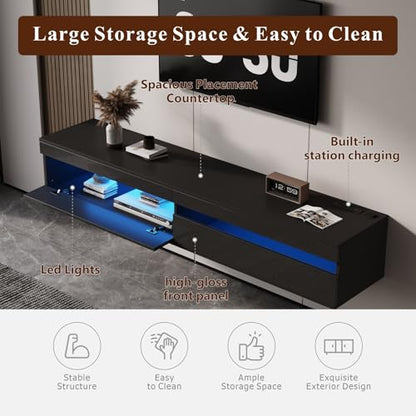 Solid Wood Floating TV Stand with LED Lighting & Power Outlet, view 6