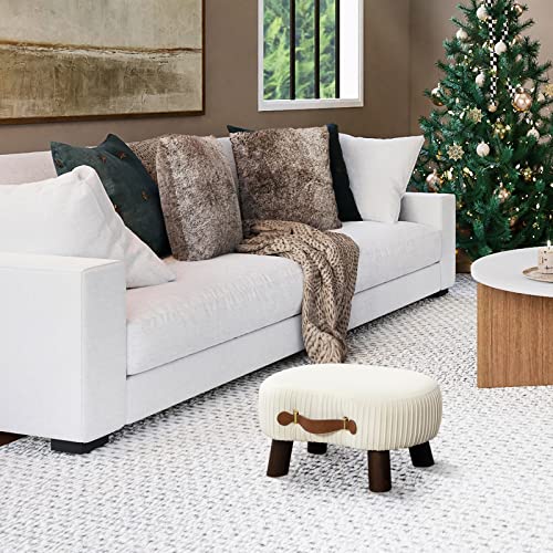 Small Curved Foot Stool with Handle, Beige Velvet Footstool and Ottomans, Modern Foot Rest with Wooden Legs, Step Stool with Padded Seat for Couch, Living Room