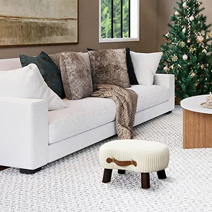 Small Curved Foot Stool with Handle, Beige Velvet Footstool and Ottomans, Modern Foot Rest with Wooden Legs, Step Stool with Padded Seat for Couch, Living Room