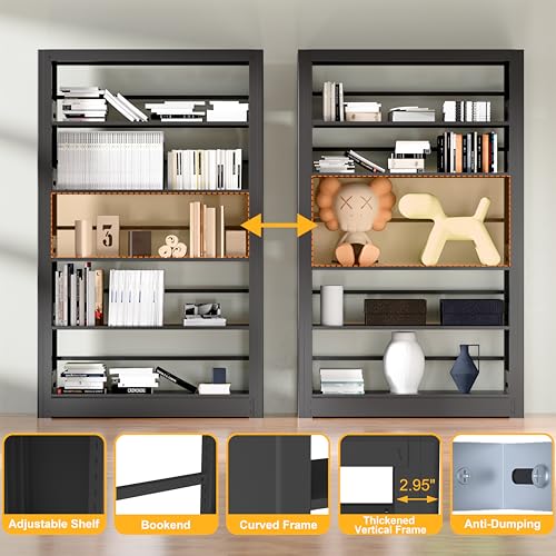 5-Tier Expandable Metal Bookshelf, 69" H x 36" W Heavy Duty Black Bookcase, Adjustable Storage Shelves, 280lbs Per Layer Capacity for Living Room Office Bedroom