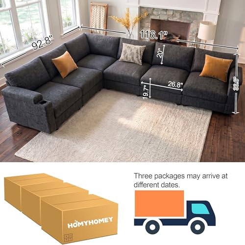 Sectional Couches for Living Room FSC Certified Chenille Modular Couch Oversized Cloud U Shaped Convertible Sleeper Sofa Chaise Detachable Armrest Cushion (Chenille Grey, L Shape 6 Seat)