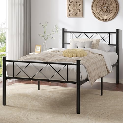 Twin Size Bed Frame with Headboard, Heavy Duty Bedframe with Strong Metal Slats, view 4