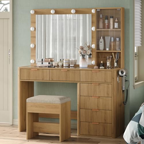 Yanosaku 47" Fluted Vanity Desk with Mirror & LED Lights, view 5