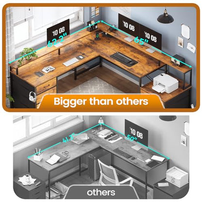 L Shaped Desk with 6 Drawer, 108" Home Office Desk with File Drawer & Power Outlet, Corner Computer Desk with Monitor Shelf, Two Person Desk, Gaming Desk with Led Lights, Rustic Brown