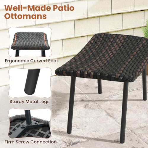 Set of 2 Patio Ottomans, Multipurpose Rattan Ottomans w/Padded Quick Dry Foam & Heavy-Duty Metal Legs, Outdoor Wicker Footrest Extra Seating for Poolside, Backyard All Weather Resistant