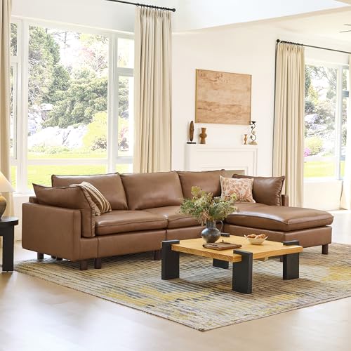 CHITA 127" Super Large Sectional Couches for Living Room, Modular Cloud Couch Sectional Sofa, Premium Genuine Leather Sofa, Down Filled, High Density Foam, Real Leather in Saddle, 4 Seat L Shaped