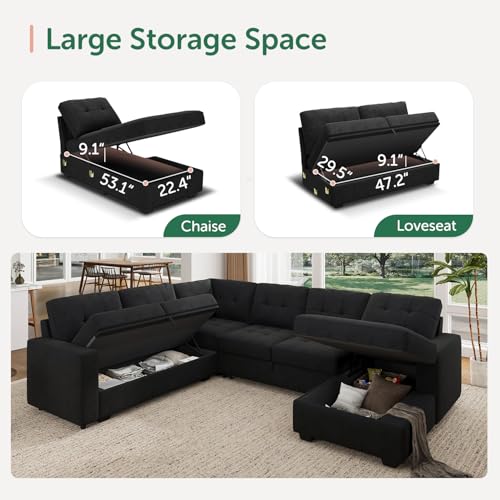 Modular Sectional Sleeper Sofa with Pull Out Bed, U Shaped Sleeper Couches with Storage Chaise, 114'' Sleeper Sectional Sofas for Living Room, Apartment (Velvet Black)
