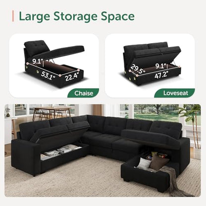 Modular Sectional Sleeper Sofa with Pull Out Bed, U Shaped Sleeper Couches with Storage Chaise, 114'' Sleeper Sectional Sofas for Living Room, Apartment (Velvet Black)