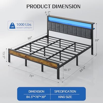 King Size Bed Frame with LED Lights, Upholstered Headboard, view 3