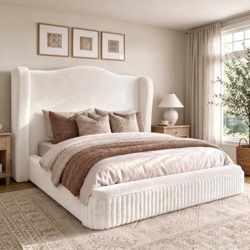 Queen Size Cloud Bed Frame with 49.61" Wingback Headboard, White, view 2