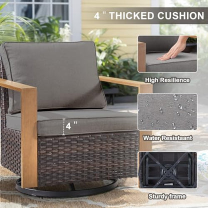 6 Piece Outdoor Patio Furniture Set with Propane Fire Pit Table, Wicker Patio Conversation Set with 2 Swivel Rocker Chairs Rattan Sofa and Removable 4" Thick Cushions for Deck Backyard