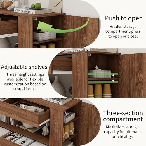 65" TV Stand with 2 Drawers & Hidden Cabinets, Brown Wood Grain Finish, view 5