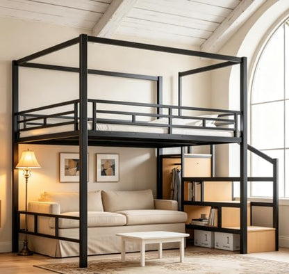 Queen loft Bed with Storage Stairs, Wardrobe, LED, Canopy Support Pole, view 4