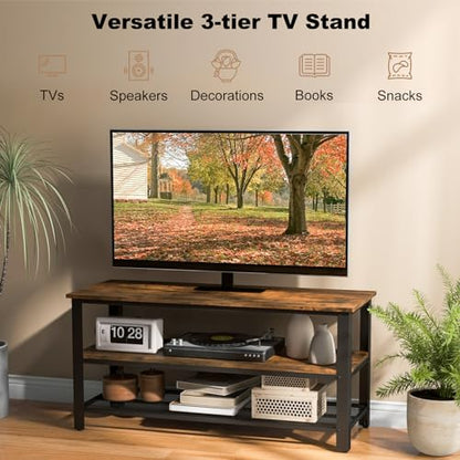 Small TV Stand for TVs up to 50 Inch, 3-Tier TV Console Table with Power Outlets, USB Ports, Storage Shelves, Industrial Media Entertainment Center for Living Room (Rustic Brown, 43.5”L)