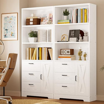 Bookshelf with Doors and 3 Drawers 71 in Tall Bookcase with 3-Tier Shelves, Industrial Book Shelf with Storage for Living Room Entrance Hallway Home Office, White