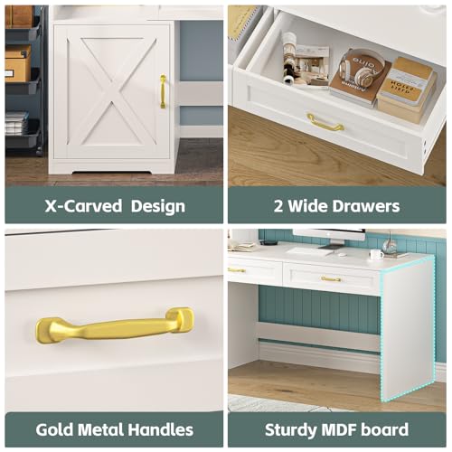 60" Computer Desk with Drawers & Bookshelves, Home Office Desk with Storage Cabinet & Spacious Desktop, Writing Gaming Study Table with Bookcase, White