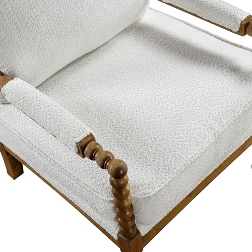 Dedee Mid Century Modern Boucle Fabric Accent Chair with Arms, Wide Spindle and Solidwood Legs for Living Room, Bedroom, Reading Corner, Home Office, Light Oak and White