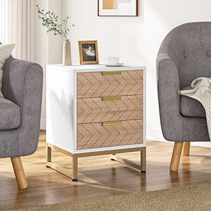 Tribesigns 3 Drawers Nightstand Set of 2, Modern Bedside Table with Unique Chevron Design, White End Side Table Night Stands with Gold Metal Legs for Bedroom (White & Wood Color)