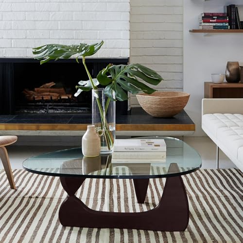 Triangle Glass Coffee Table Modern Coffee Table, with Vintage Clear Glass, and Solid Wood Base, End Table for Living Room, Office, Balcony, Patio (Dark Walnut)