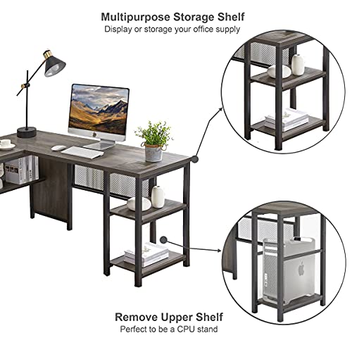 L Shaped Desk, Industrial Reversible Home Office Computer Desk with Wood Shelves, view 6