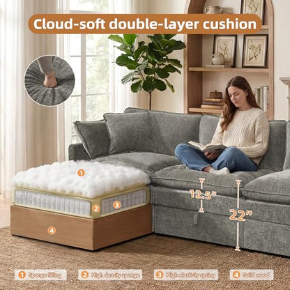Modular Sectional Sofa with Storage Ottomans,134" U-Shaped Cloud Couch,Comfy Modern Couches with Pillows & Upholstered Deep Seat Cushion for Apartment Living Room Bedroom（Gray）