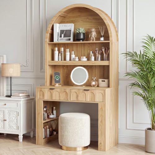 Arched Office Desk with Hutch, Natural, Desktop 39.4" Wx 19.7"D, view 6